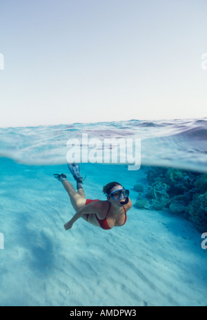 Unter der Frau im roten Bikini Schnorcheln Ägypten Rotes Meer Stockfoto