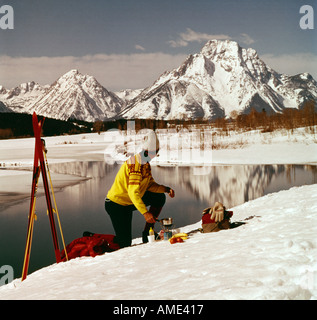 Grand Teton National Park in Wyoming zeigt Langläuferin am Oxbow Bend des Snake River Stockfoto