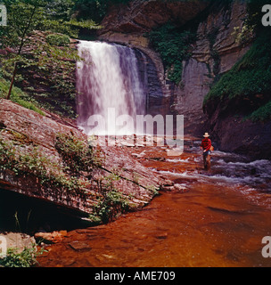 Looking Glass verliebt sich in North Carolina zeigt ein Fliegenfischer Gießen stromabwärts von den Wasserfällen Stockfoto