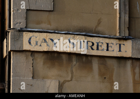 Bad: der Name Gay Street an der Seite eines Gebäudes im Zentrum Stadt. Bild von Jim Holden. Stockfoto