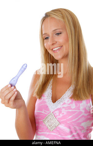 blonde Frau mit Fertileness test Stockfoto