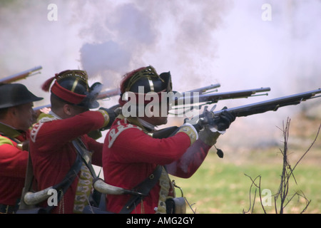 Britische Regulars Feuer Musketen während Nachstellung bei Minute Man National Historical Park Stockfoto