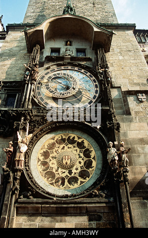 Astronomische Uhr, auch bekannt als Prager Orloj am Rathausturm, Staromestska Radnice, Prag, Tschechische Republik Stockfoto
