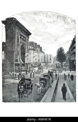 Boulevard und Porte Saint Denis gezeichnete Taxi Hackney Pferdekutsche Frankreich französische Straße triumphal Bogen Transport öffentliche Stockfoto