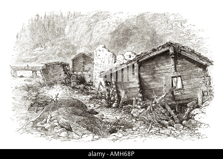 Chalets in Ruinen Lawine Flut Flut mitgerissen zerstören, Zerstörung Flut Schnee Winter Schutt Schweizer Alpental Schweiz Stockfoto