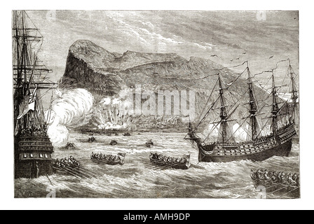 Krieg spanischen Erbfolge Gibraltar britische niederländische Marine Erzherzog Karl österreichische Heuchler Krone konföderierte Flotte Angriff 1704 Bombe Stockfoto