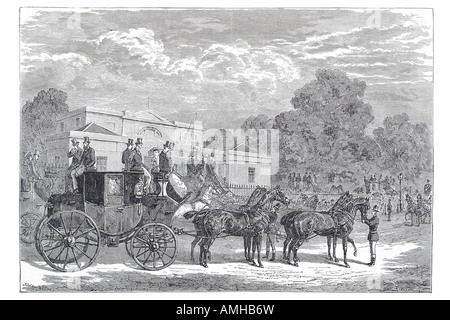 1870 treffen Sie vier in Hand Club Pferd Kutsche Trainer Bräutigam Livree Fahrt Drive-team Stockfoto