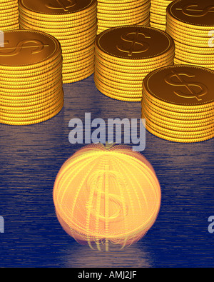 Stapel von Münzen und Spinning Münze mit Dollar-Zeichen Stockfoto
