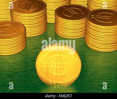 Stapel von Münzen und Spinning Münze mit Euro-Symbole Stockfoto