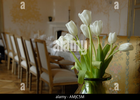 Weiße Blumen platziert im eleganten Speisesaal des Chateau Mcely Hotels in Tschechische Republik Stockfoto