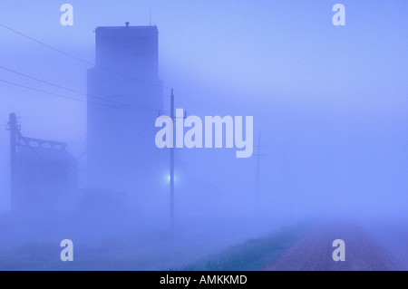 Foggy Dawn, Getreidesilo am Highway #5, in der Nähe von Grandview, Manitoba, Kanada Stockfoto