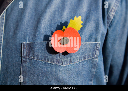 Mann trägt ein Gedenktag Mohn auf ein blaues Hemd. VEREINIGTES KÖNIGREICH. Stockfoto