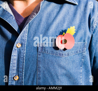 Mann trägt ein Gedenktag Mohn auf ein blaues Hemd. UK Stockfoto