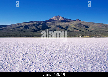Blick über die große weiße Fläche, die die Salar de Uyuni, der größte Salz Wohnung der Welt ist. Stockfoto