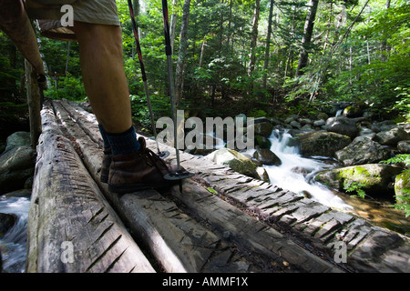 Ein Wanderer auf einer Brücke über die Schlucht Brook in New Hampshire USA Stockfoto