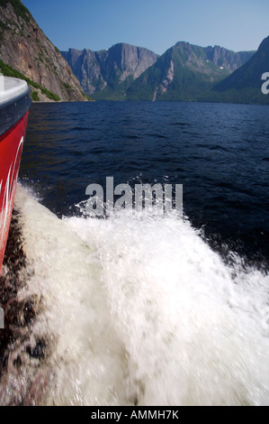 Western Brook Pond gesehen von einem Ausflugsboot, Norden der Halbinsel, Neufundland Labrador, Neufundland, Kanada. Stockfoto