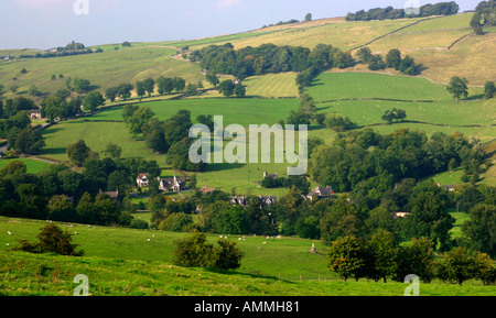 Ansicht der Landschaft in der Nähe von Ilam im Peak District Derbyshire Staffordshire Grenze England UK zeigt Felder und Ackerland Stockfoto