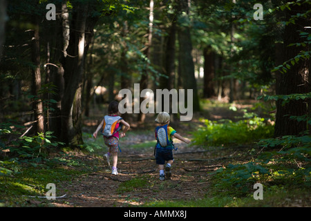 Ein junger Bruder und Schwester Wandern in North Hampton, New Hampshire nahe dem Oberlauf des Flusses Winnicut Stockfoto