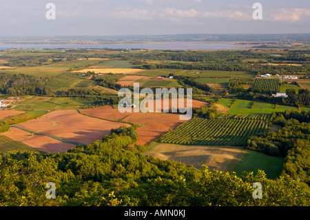 Blick auf das Minas Basin und das Tal von Lookoff Highway 358, Bay Of Fundy, Minas Basin, Nova Scotia, Kanada. Stockfoto