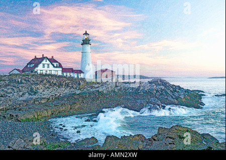 Digital verändert malerischen Sonnenaufgang Blick auf Portland Head Lighthouse, Cape Elizabeth, Maine Stockfoto