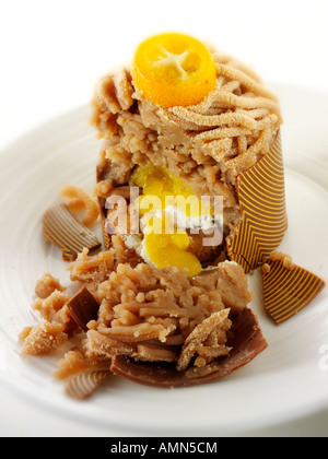 Kuchen mit einem trippelte Schokolade Gehäuse und Pipe Kastanienpüree mit Kumquat Stockfoto