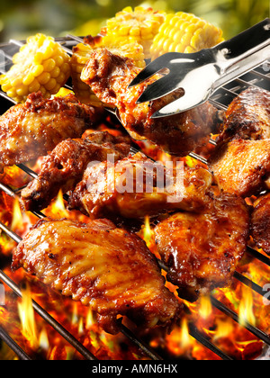 BBQ mit heißen Kohlen und organischen würzige Hähnchenflügel Stockfoto