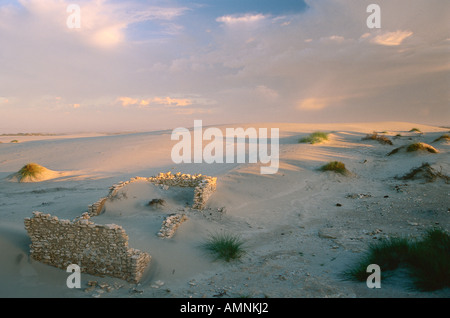 Ruinen von Steinhaus in Dünen, Boulderbaai, West Coast Nat. PK, Nordkap, Südafrika Stockfoto