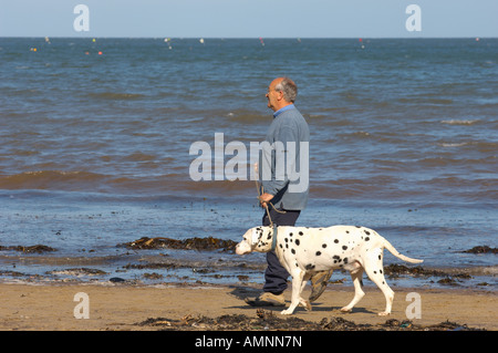 Mann zu Fuß Hund am Strand entlang. Runswick Bay North Yorkshire England Stockfoto