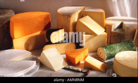 Große Auswahl an verschiedenen englischen Käse in einer Molkerei Umgebung auf weißem Marmor. Ganze Truckles und in Scheiben geschnittenen Käse Stockfoto