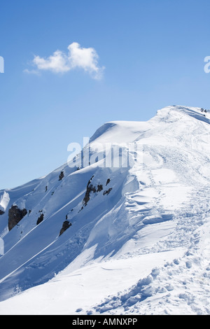 Aussicht vom Gipfel eines Berges im Winter zeigen Spuren der Langläufer Stockfoto