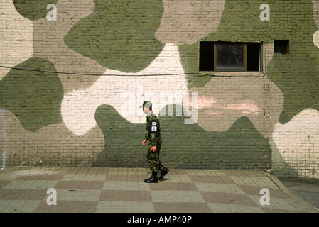 ROK Soldat in getarnten Kleidung vorbei an getarnten Ausschau Gebäude in der DMZ zwischen Nord- und Südkorea Stockfoto