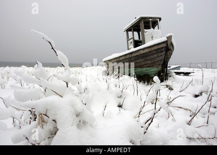 Boot in Schnee bedeckt, Zingst, Deutschland Stockfoto