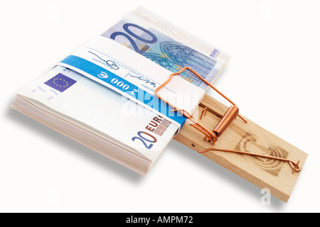 Mausefallen Sie mit einem Bündel von zwanzig Euro-Banknoten Rechnungen Stockfoto