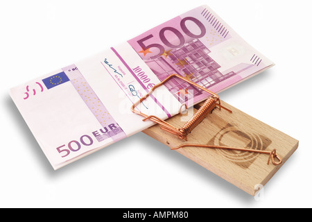 Mausefallen Sie mit ein Bündel Banknoten, fünfhundert Euro-Scheine Stockfoto