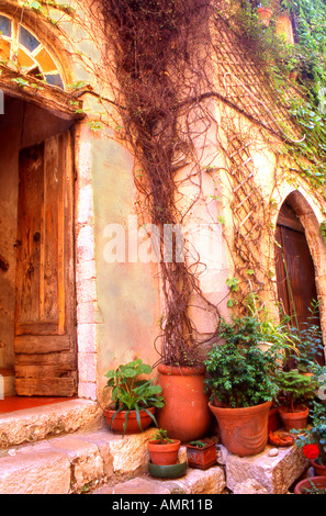 Gasse mit Holztüren, Klettern, Reben und Blumentöpfe in den Hügel Dorf von La Turbie, Cote d Azur Frankreich Stockfoto