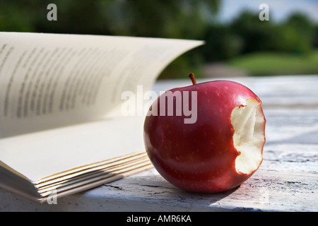 Apple und Buch im freien Stockfoto