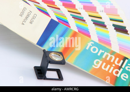 Detail Pantone Farben Formula Guide mit Grafik Lupe Linse isoliert auf weißem Hintergrund Stockfoto