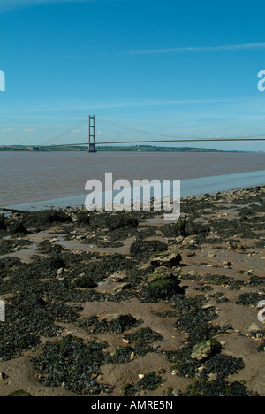 Humber Bridge vom Strand am Hessle, East Yorkshire, UK Stockfoto