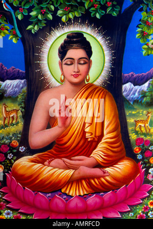 Buddha unter dem Bodhi-Baum sitzt auf einem Lotus Blume indische Malerei Stockfoto