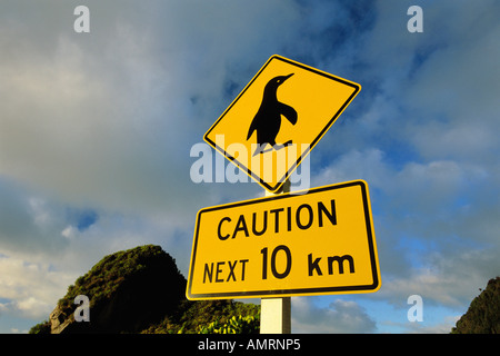 Pinguin überqueren Zeichen, Paparoa-Nationalpark, Südinsel, Neuseeland Stockfoto