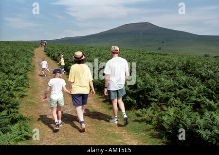 Familie zu Fuß in Landschaft auf Fußweg zum Zuckerhut in der Nähe von Abergavenny South Wales UK Pony Trekker in Ferne Stockfoto