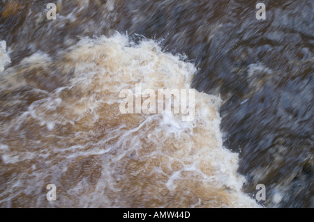 Wasser von Torf gefärbt und Mutterboden rinnt aus Moorlandschaften in Slitrig brennen durch Hawick in Scottish Borders ziemlich scharf Stockfoto