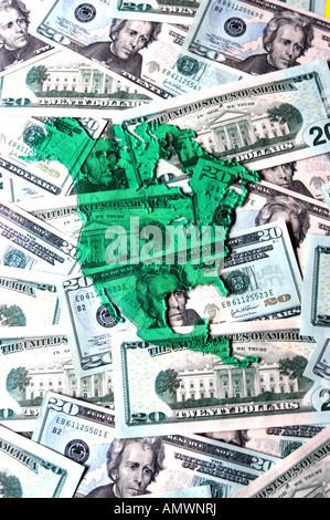 Nordamerika-Karte auf Dollar-Noten Stockfoto