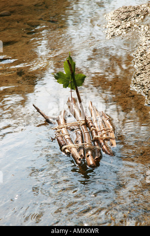 Nahaufnahme von Spielzeug aus Holz Floß in See Stockfoto