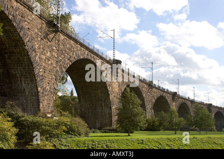 Niedrigen Winkel Ansicht der Eisenbahnbrücke, Witten, Nordrhein-Westfalen, Deutschland Stockfoto