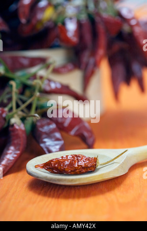 Nahaufnahme von roten Chilischoten und Holzlöffel auf Tisch Stockfoto