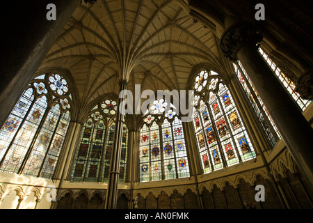 UK London Westminster Abbey Chapter House gewölbte Decke und Fenster Stockfoto