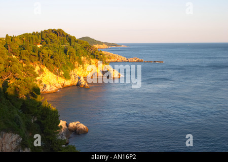 Blick über Felsen und Klippen Formationen auf der Halbinsel Babin Kuk. Uvala Sumartin zwischen Halbinseln Babin Kuk und Lapad Bucht. Dubrovnik, Neustadt. Dalmatien, Kroatien, Europa. Stockfoto