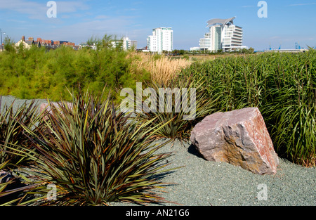 Cardiff Bay Wetlands Reserve von Wohnungen und St Davids Hotel South Wales UK übersehen Stockfoto