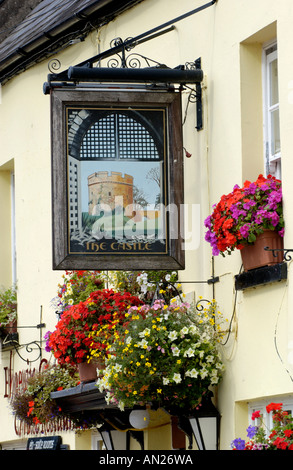 Blütenpracht vor The Castle Pub in Usk, konkurriert die Stadt jährlich in Wales und England in Bloom Wettbewerbe Stockfoto